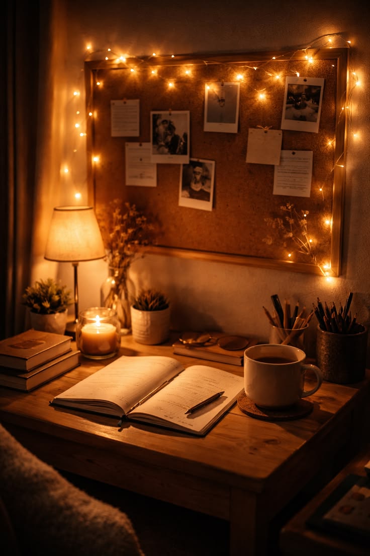 Organized evening workspace with journal and warm lamp light